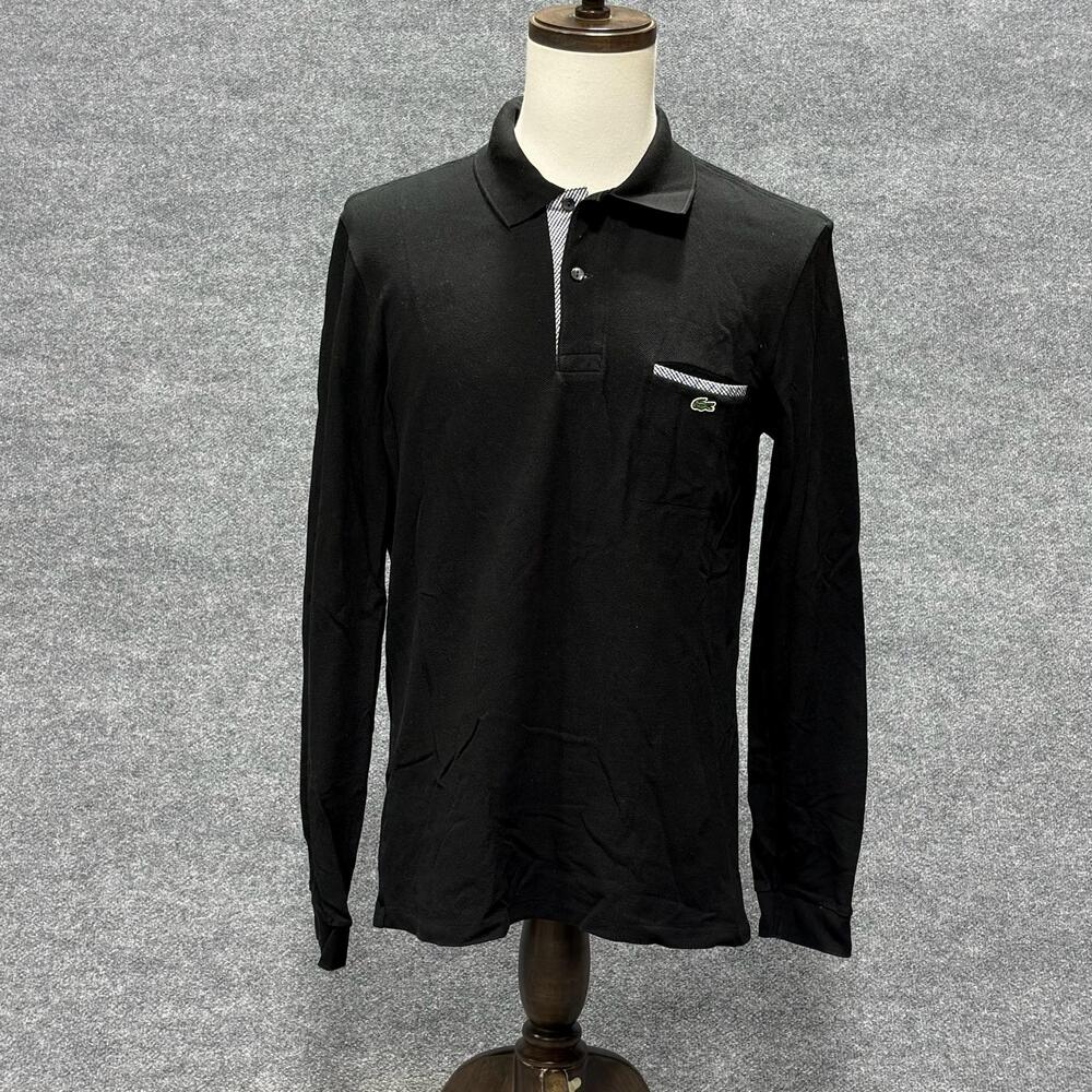Lacoste Long Sleeve Polo Shirt Mens Medium Black Classic Fit Pocket Croc Logo